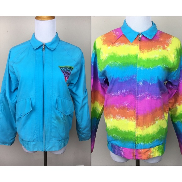Vintage 90s rainbow blue reversible jacket zip up - Picture 2 of 16